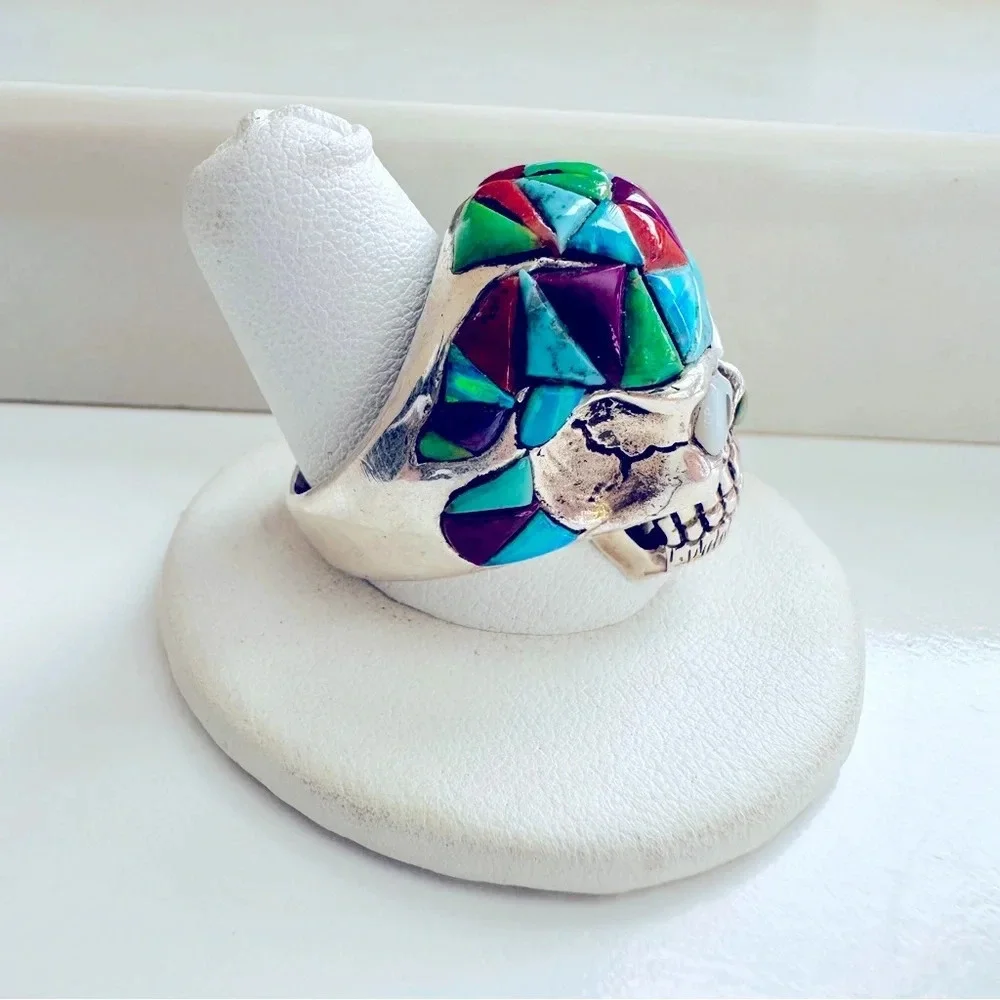 Handmade Sterling Silver & Multi Stone Inlay Skull/Biker/Rocker Ring Size 9.5